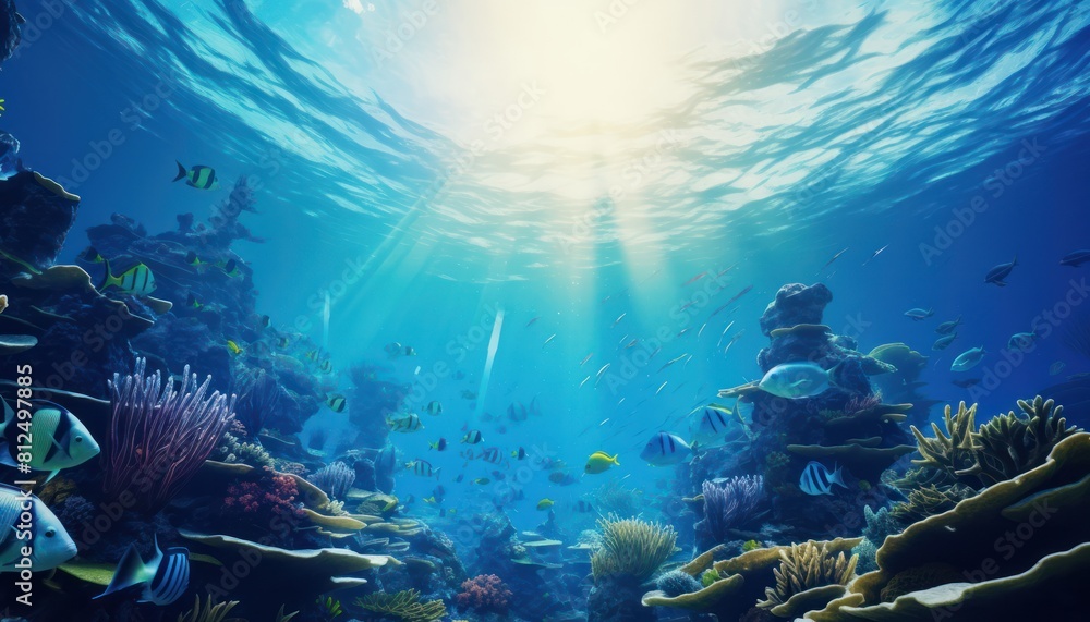 Groups of giant Tuna fish in the underwater, coral reef, amazing underwater life, various fish and exotic coral reefs, ocean wild creatures background Groups of giant Tuna fish in the underwater, coral reef, amazing underwater life, various fish and exotic coral reefs, ocean wild creatures background
