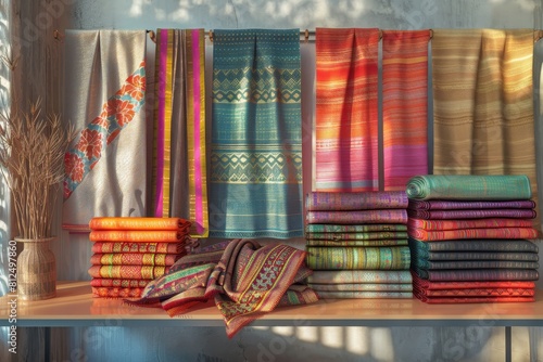 A table with many colorful towels hanging on it