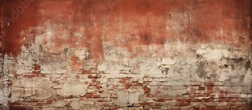 The copy space image showcases an abstract web banner featuring a grungy wide brick wall with a shabby building facade and distressed plaster creating a grunge red stonewall background