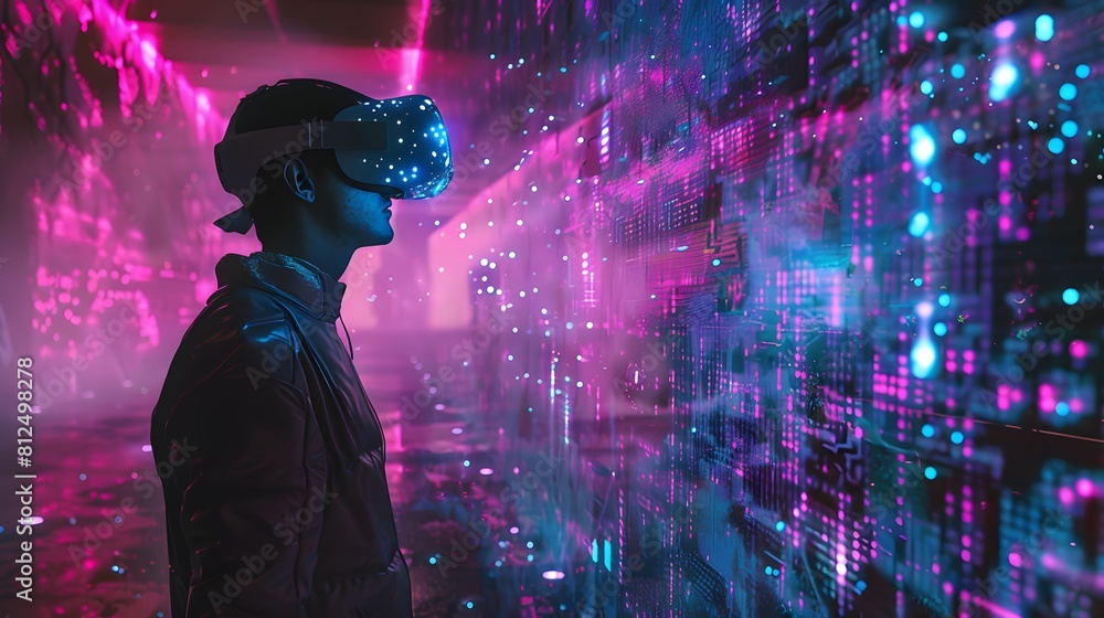 young emotional people on multicolored background in neon light. Concept of human emotions, facial expression, sales. Smiling, playing videogames with VR-headset, modern young emotional people on multicolored background in neon light. Concept of human emotions, facial expression, sales. Smiling, playing videogames with VR-headset, modern