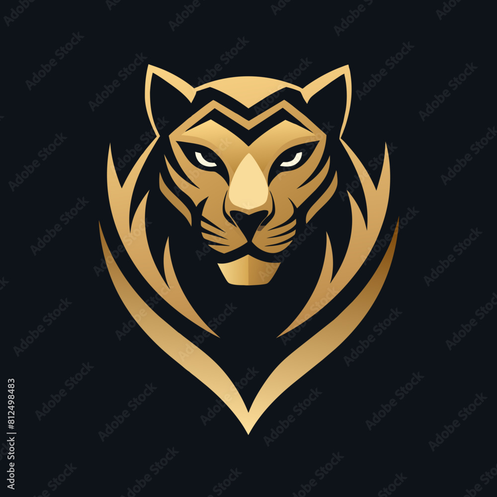 black Golden Aura Unique roaring tiger face, front view, club Logo Vector Radiating Luxury and Refinement