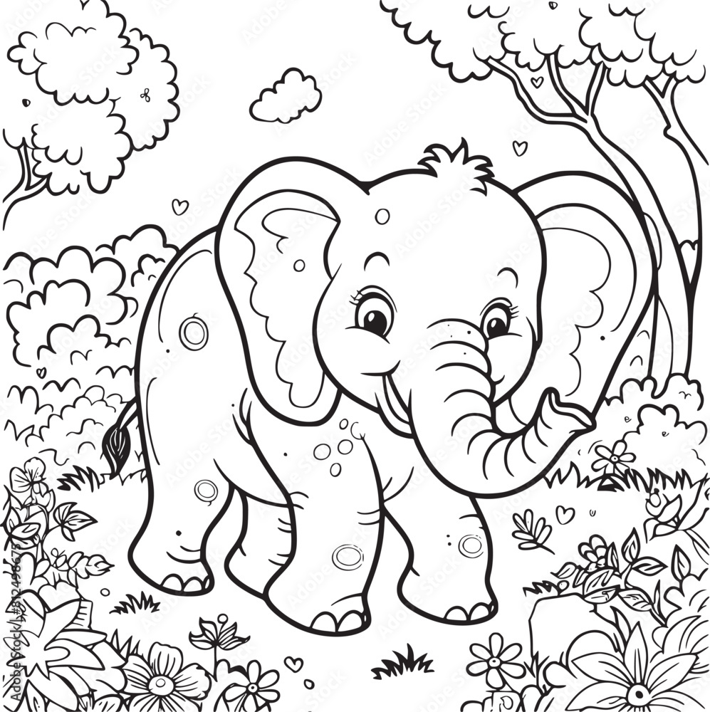 Kids coloring book with cute elephant, trees and flowers. Simple shapes, contour for small children. Cartoon vector. Kids coloring book with cute elephant, trees and flowers. Simple shapes, contour for small children. Cartoon vector.