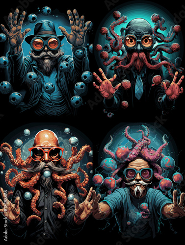 Surreal characters with octopus tentacles and bizarre accessories in a fantasy sci-fi style. Vibrant, imaginative artwork perfect for horror, cosplay, or conceptual themes.