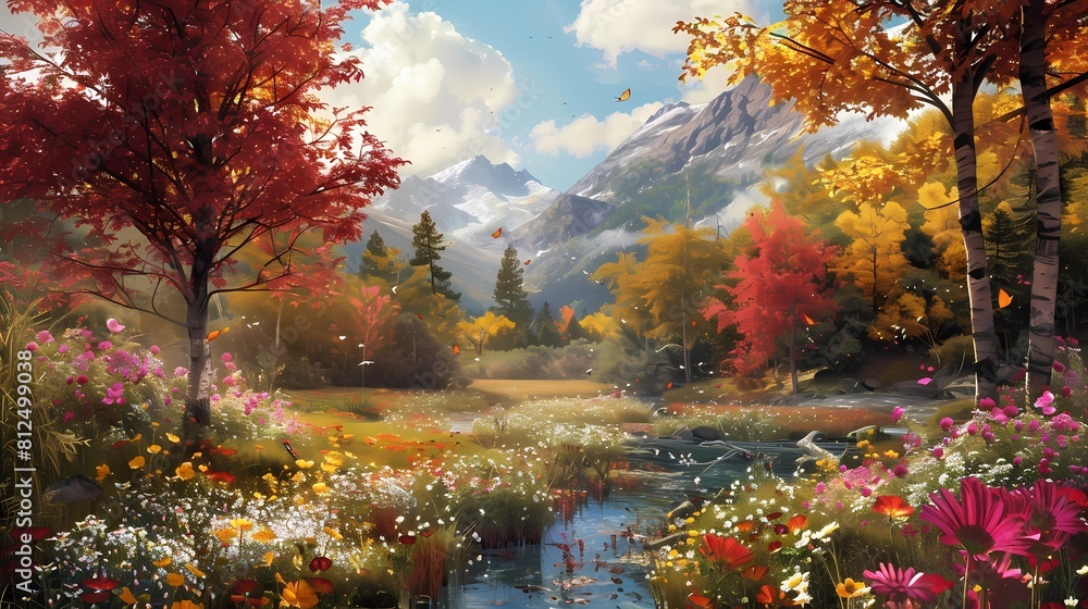A picturesque countryside landscape dotted with colorful wildflowers, framed by majestic trees displaying vibrant autumn hues, as a gentle river winds through the scene