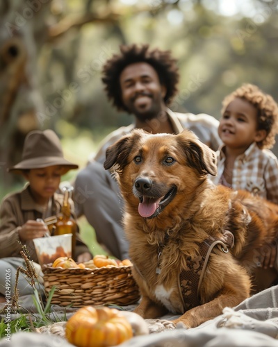 A heartwarming scene of a family and their mixedbreed dog on a picnic, capturing the joy and inclusion of pets in family activities photo