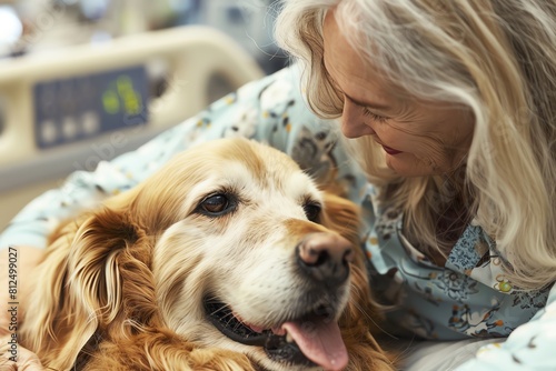 A woman with her therapy dog visiting a hospital to bring joy and comfort to patients, showing the impact of dogs in healthcare