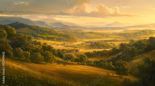 A picturesque countryside scene with rolling hills and distant mountains  dotted with clusters of trees in varying shades of green 