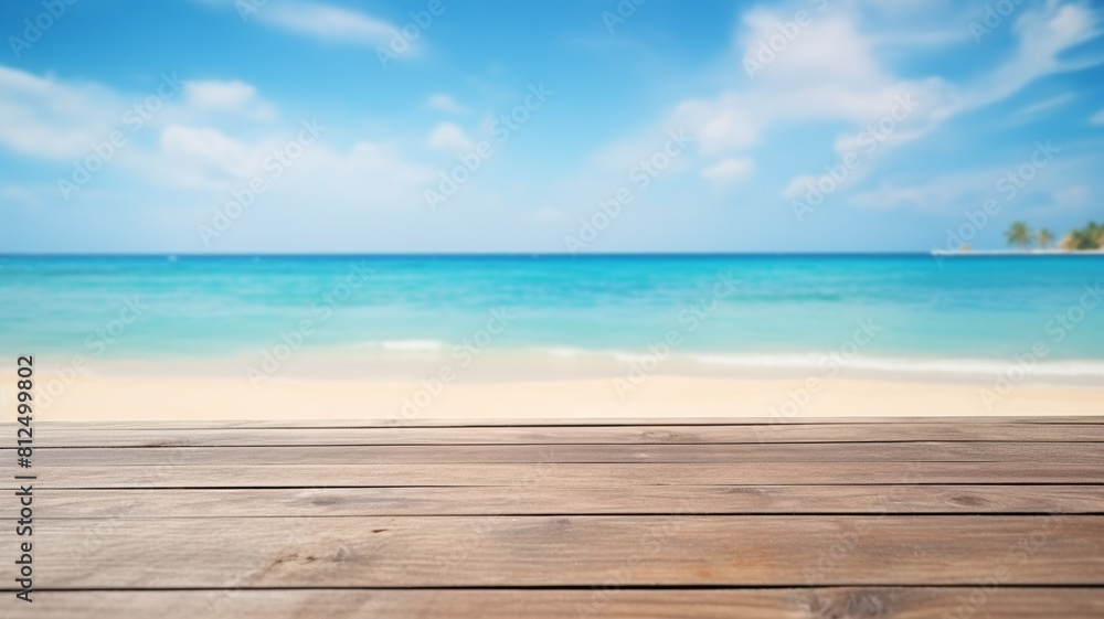 Wood table top on blur beach background used for display or montage your products, travel and relax activity concept Wood table top on blur beach background used for display or montage your products, travel and relax activity concept