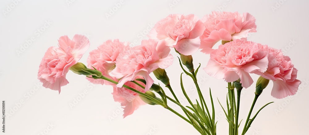 A pink carnation bouquet is captured in a close up photograph placed on a white background with room for additional content