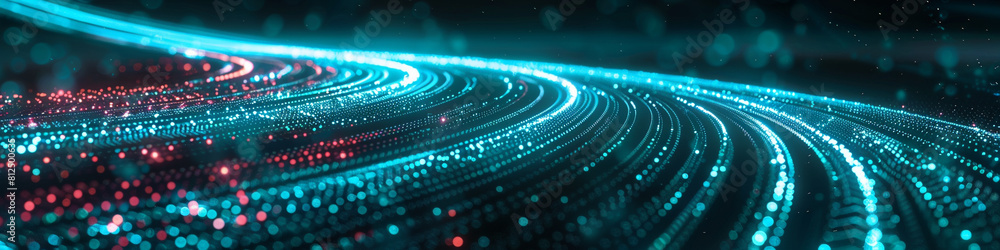 Luminous digital pathways of turquoise and crimson weaving through a dark virtual landscape, symbolizing high-speed communication. Luminous digital pathways of turquoise and crimson weaving through a dark virtual landscape, symbolizing high-speed communication.