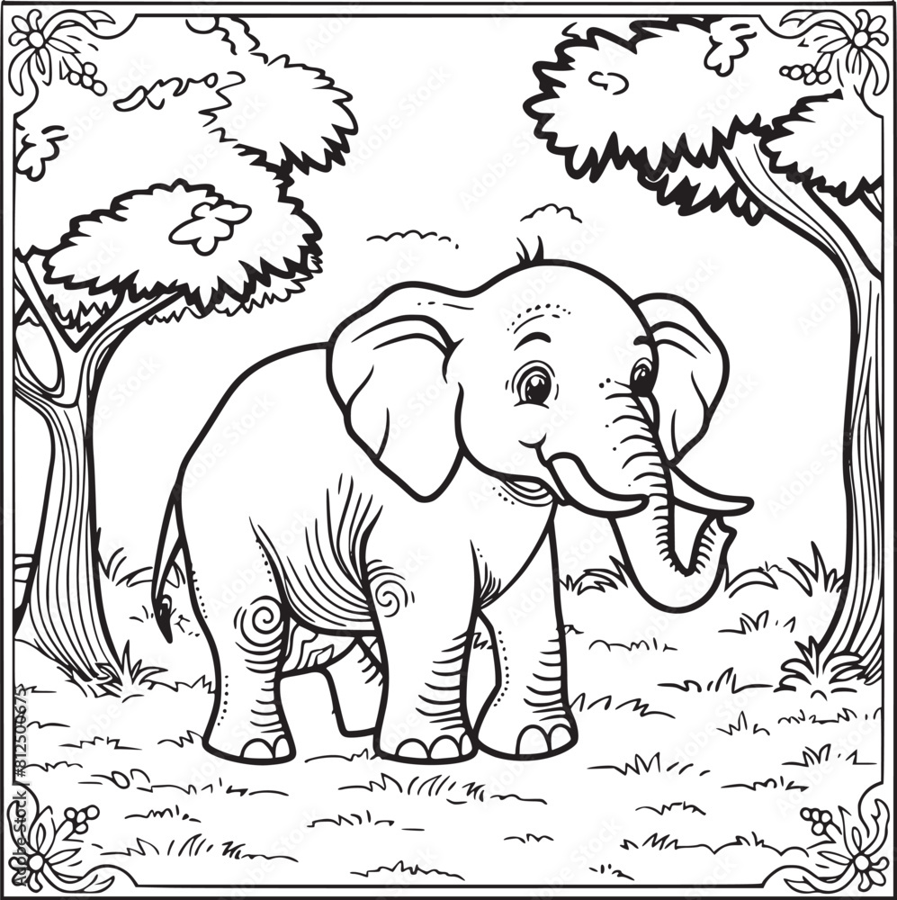 Kids coloring book with cute elephant, trees and flowers. Simple shapes, contour for small children. Cartoon vector. Kids coloring book with cute elephant, trees and flowers. Simple shapes, contour for small children. Cartoon vector.