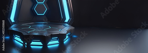 3d rendering illustration modern futuristic podium stage platform with neon lighting and black background for premium produt business technology.ai generated photo