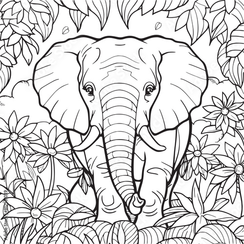 Kids coloring book with cute elephant, trees and flowers. Simple shapes, contour for small children. Cartoon vector. photo