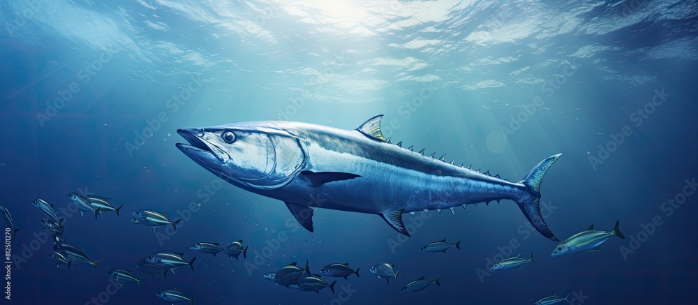 Kingfish enjoying a meal with space for text in the image. Creative banner. Copyspace image Kingfish enjoying a meal with space for text in the image. Creative banner. Copyspace image