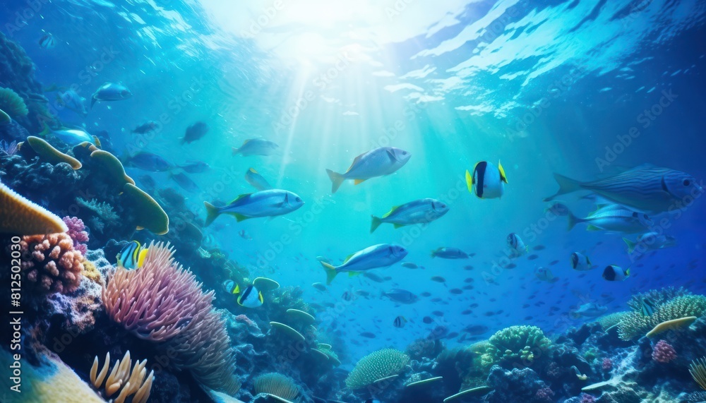 Obraz premium Groups of giant Tuna fish in the underwater, coral reef, amazing underwater life, various fish and exotic coral reefs, ocean wild creatures background