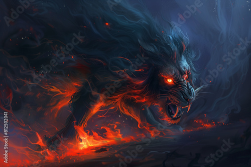 Terrifying horror lion with glowing red eyes, dark background, digital painting illustration