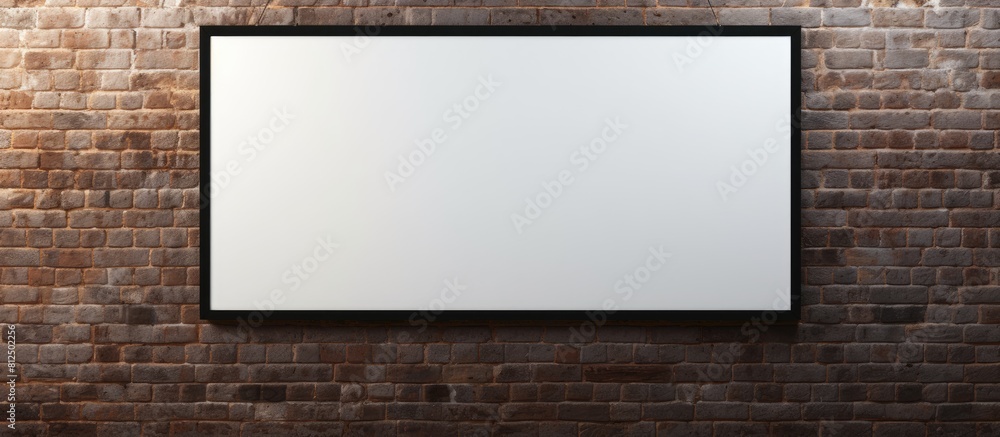 A poster mockup with a horizontal frame hanging on a brick wall with black frames Ideal for showcasing content or adding copy space image A poster mockup with a horizontal frame hanging on a brick wall with black frames Ideal for showcasing content or adding copy space image