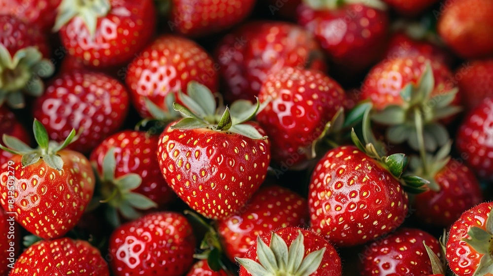 A mound of crimson strawberries atop a heap of other strawberries stacked on top of one another A mound of crimson strawberries atop a heap of other strawberries stacked on top of one another