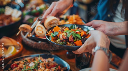 A group of friends are sharing a meal together at a restaurant