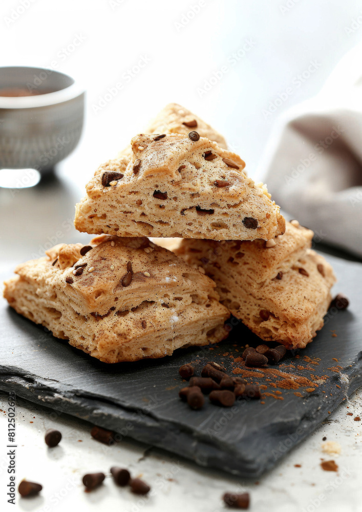 Chai-spiced Scones on slate tile, isolated on white background. Traditional Scones. Dessert. Chai-spiced Scones on slate tile, isolated on white background. Traditional Scones. Dessert.