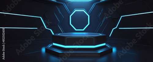 3d rendering illustration modern futuristic podium stage platform with neon lighting and black background for premium produt business technology.ai generated photo