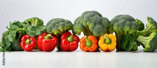 A healthy food option consisting of fresh broccoli and pepper placed with a one centimeter gap on a white background making it an ideal image for promoting the consumption of vegetables to aid in wei photo