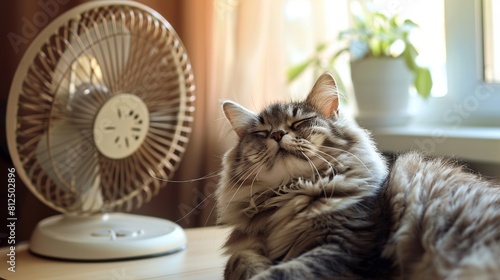 Adorable fluffy cat relaxing on an indoor table while the fan blows. Summertime warmth