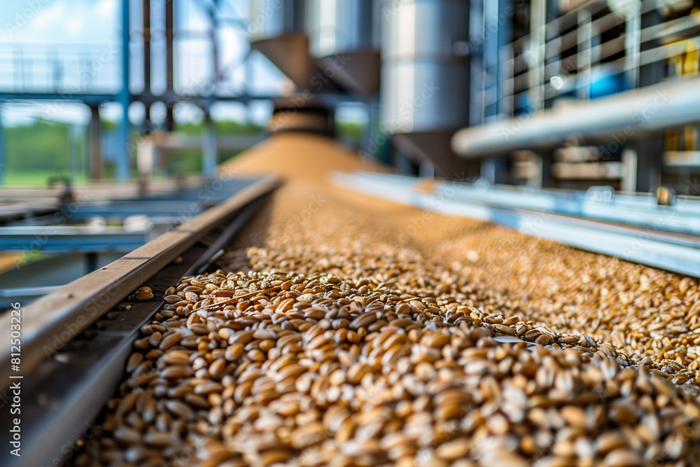Conveyor belt transferring wheat into storage silo. Conveyor belt transferring wheat into storage silo.