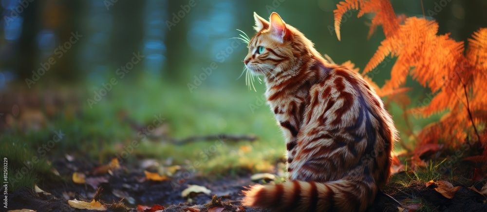 In the park there is a cat that looks like a pheasant with a beautiful coat and a regal appearance. Creative banner. Copyspace image In the park there is a cat that looks like a pheasant with a beautiful coat and a regal appearance. Creative banner. Copyspace image