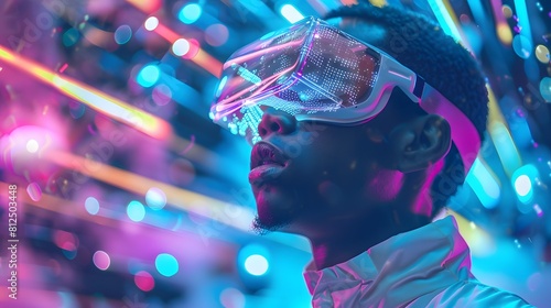  young emotional people on multicolored background in neon light. Concept of human emotions, facial expression, sales. Smiling, playing videogames with VR-headset, modern