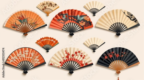 Fan paper by hand. Asian traditional folding hand fan, wooden Chinese traditional hand fans, Japanese souvenirs, vector illustration icons set. Chinese fan decorations, mementos of Asian culture photo