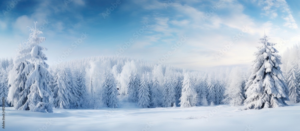Obraz premium A picturesque winter scene with snowy fir branches forming a copy space image against the backdrop of a natural forest landscape The sky is clear and bright adding to the enchantment of this outdoor