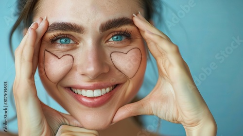  Beautiful, content woman in portrait holding hands shaped like hearts close to her eyes. Close-up of a happy, healthy-looking girl displaying a love sign. Eyecare. High Resolution Image  photo