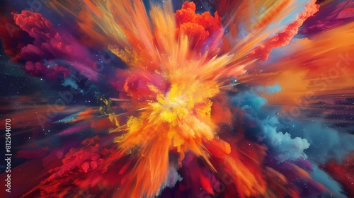 A dynamic burst of colorful energy radiating outward, creating a stunning power explosion that seems to defy gravity