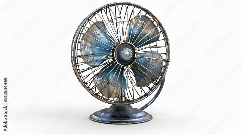 An isolated vintage table metal fan against a white backdrop
