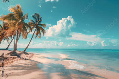 Tropikalna plaża w Punta Cana, Dominikana. Palmy na piaszczystej wyspie na oceanie.