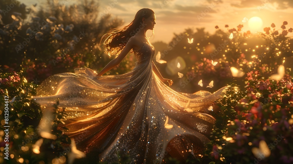 Ethereal Woman in Flowing Shimmering Dress in Romantic Sunset Garden Ethereal Woman in Flowing Shimmering Dress in Romantic Sunset Garden