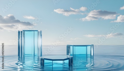 3D Glass display scene composed of transparent cuboids, crystal balls and round podiums