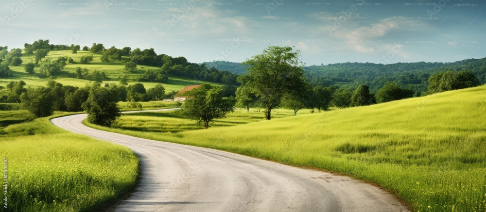Rustic countryside road winding through a picturesque rural landscape showcasing the concept of countryside infrastructure with plenty of copy space image Rustic countryside road winding through a picturesque rural landscape showcasing the concept of countryside infrastructure with plenty of copy space image