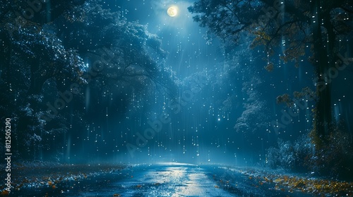 Enchanted forest bathed in moonlight  sparkling dew on leaves