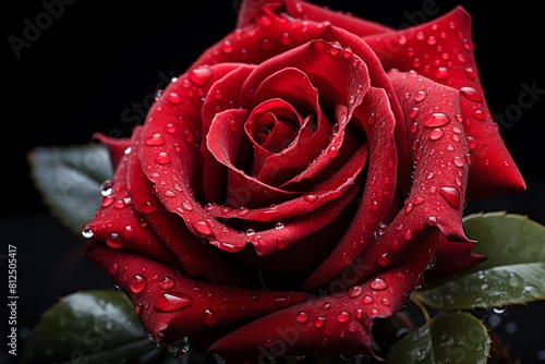 Closeup of a single red rose  dew on petals  against a moody dark background  perfect for romantic themes