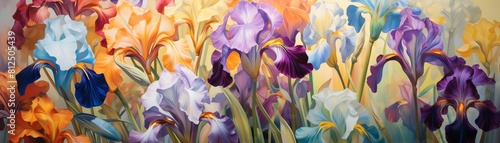 Colorful irises in a painterly style, impressionistic strokes creating a vibrant, artistic floral scene