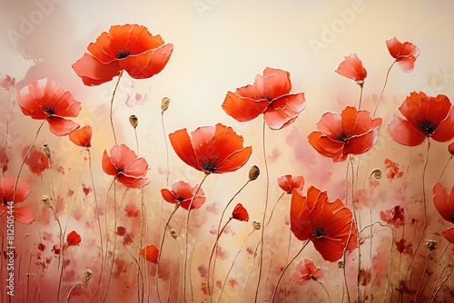 Delicate poppies swaying in a gentle breeze, a field of red and green, poignant and serene