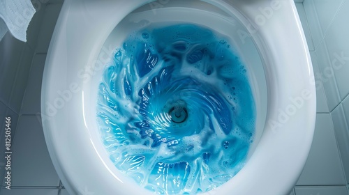3D illustration of a toilet bowl with blue detergent being flushed in it from above photo