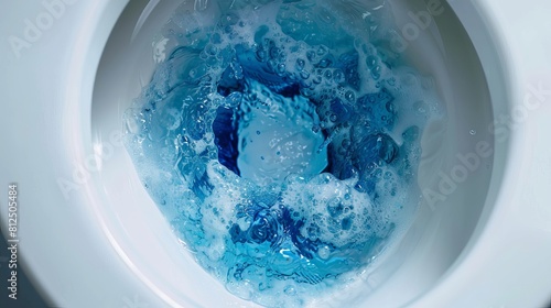 3D illustration of a toilet bowl with blue detergent being flushed in it from above photo