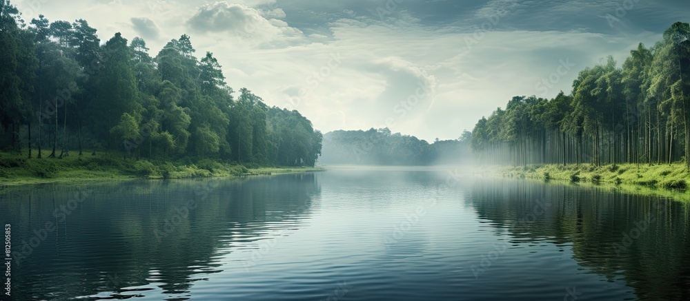 A serene landscape with a lush verdant forest and a tranquil lake reflecting the surrounding beauty A perfect copy space image A serene landscape with a lush verdant forest and a tranquil lake reflecting the surrounding beauty A perfect copy space image