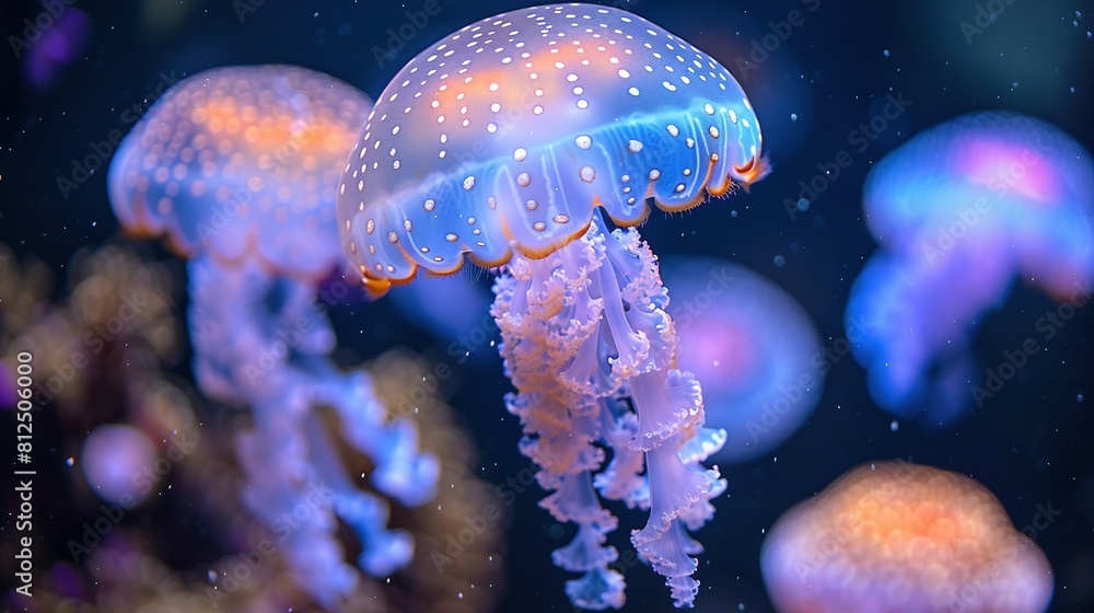 A cluster of jellyfish gliding above a vibrant blue-purple seafloor, accompanied by other jellyfish A cluster of jellyfish gliding above a vibrant blue-purple seafloor, accompanied by other jellyfish