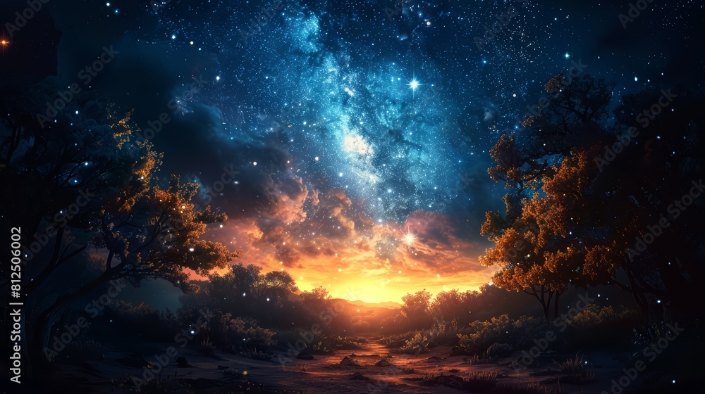 Naklejka premium Starlit sky visible through a clearing in an enchanted forest