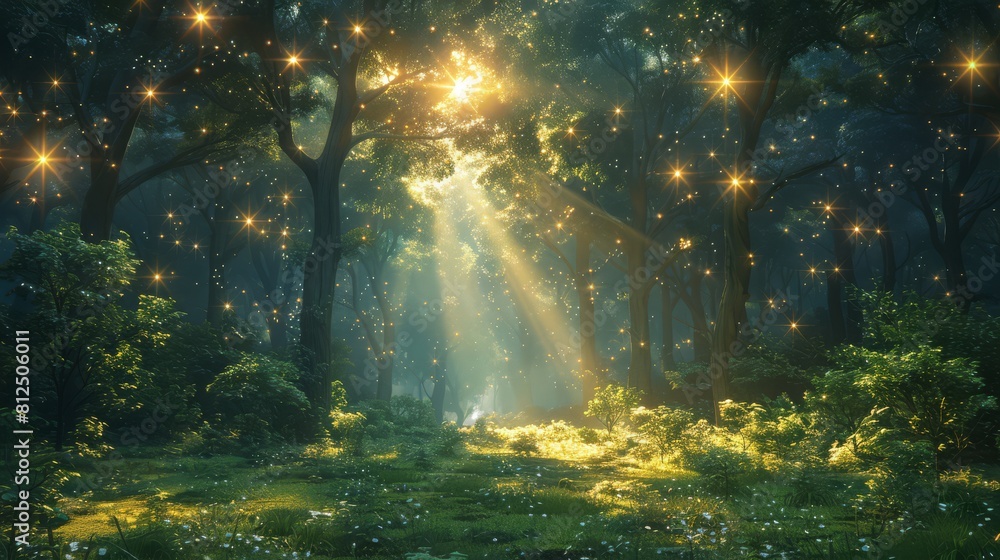 Starlit sky visible through a clearing in an enchanted forest Starlit sky visible through a clearing in an enchanted forest