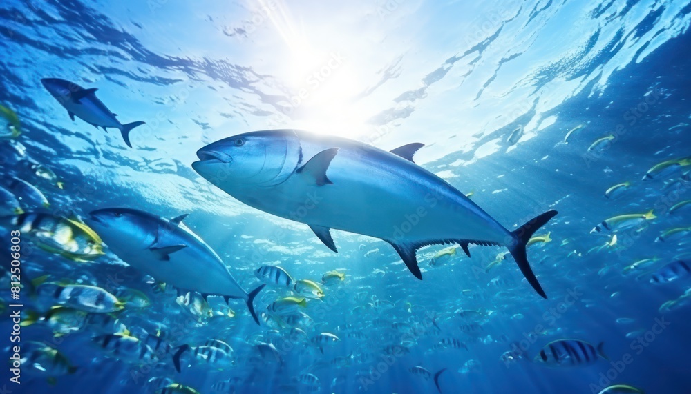 Fototapeta premium Groups of giant Tuna fish in the underwater, coral reef, amazing underwater life, various fish and exotic coral reefs, ocean wild creatures background